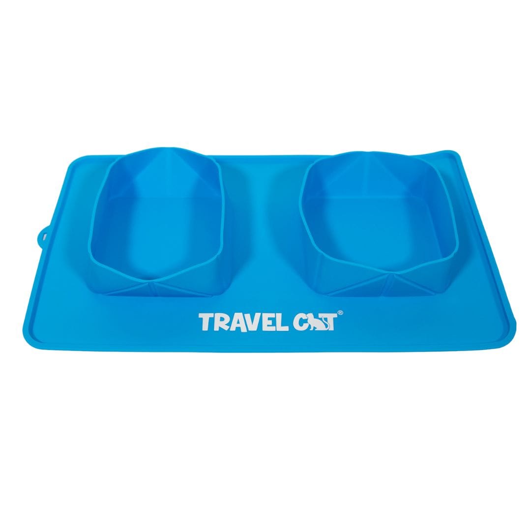 The Travel Buddy Foldable All-In-One Double Bowl & Mat - Portable Cat Food & Water Dish
