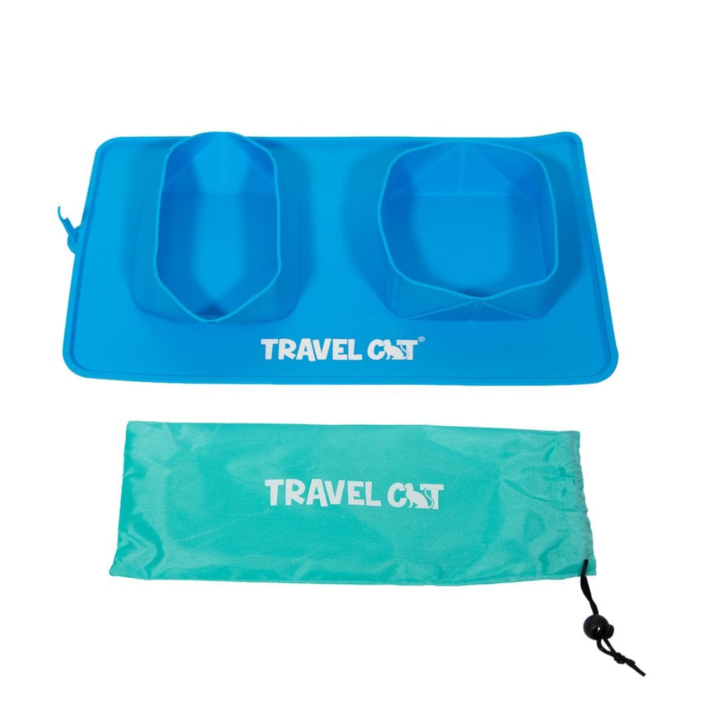 The Travel Buddy Foldable All-In-One Double Bowl & Mat - Portable Cat Food & Water Dish