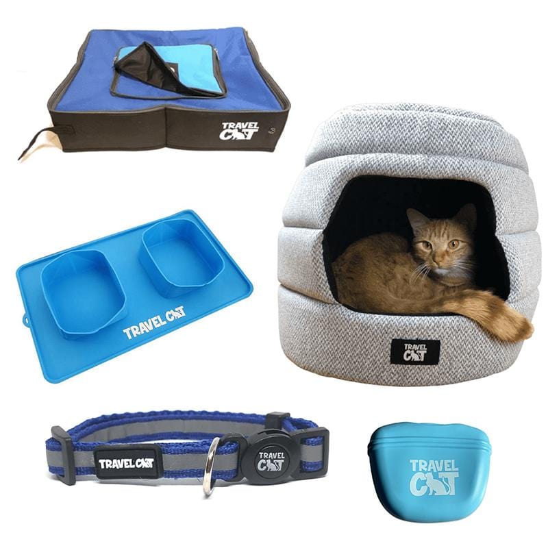 The Feline Fancy Travel Cat Accessories Bundle - Bed. Litter Box. Collar. Foldable Bowl & Pouch