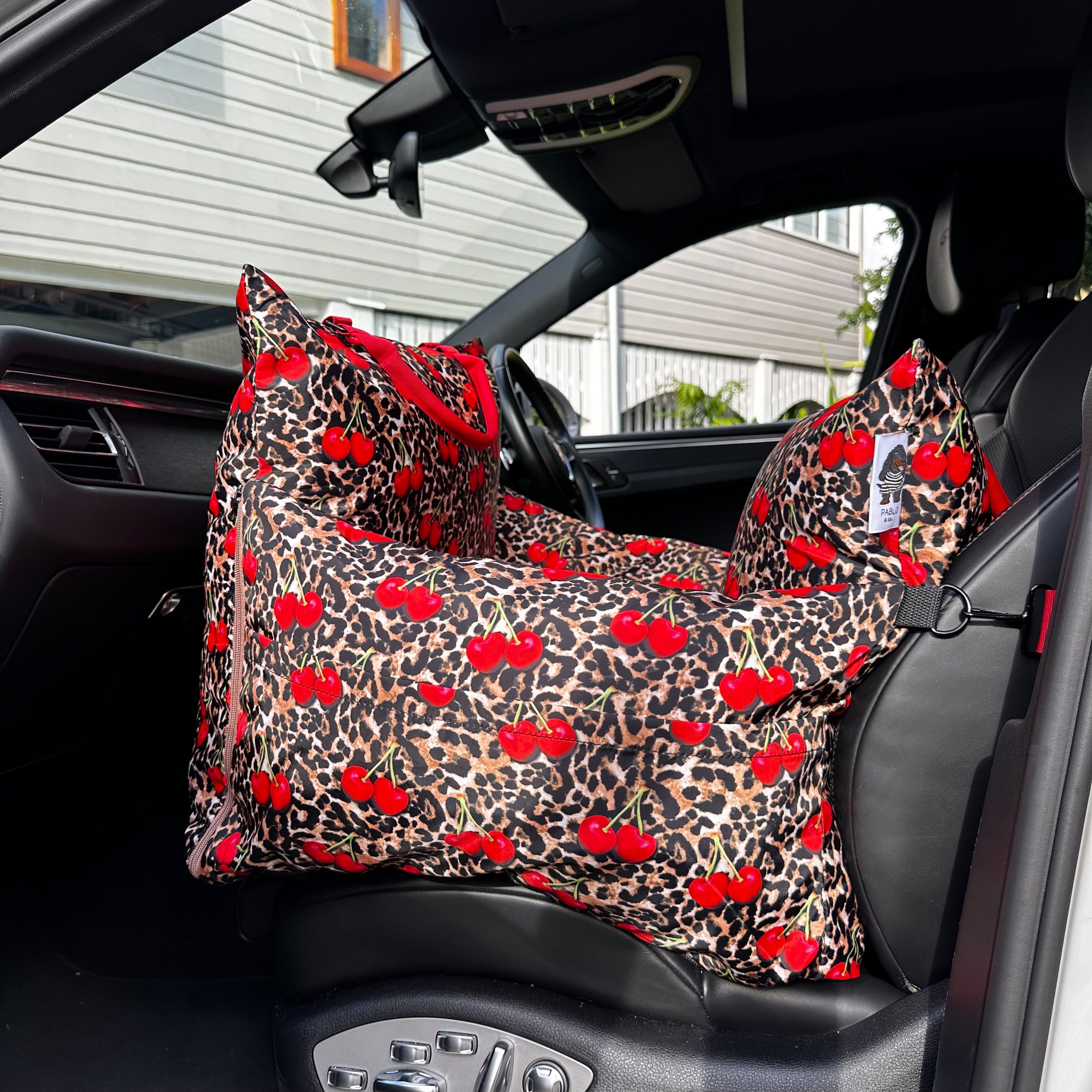 Deluxe Travel Car Bed: Leopard Cherries (restocking November)
