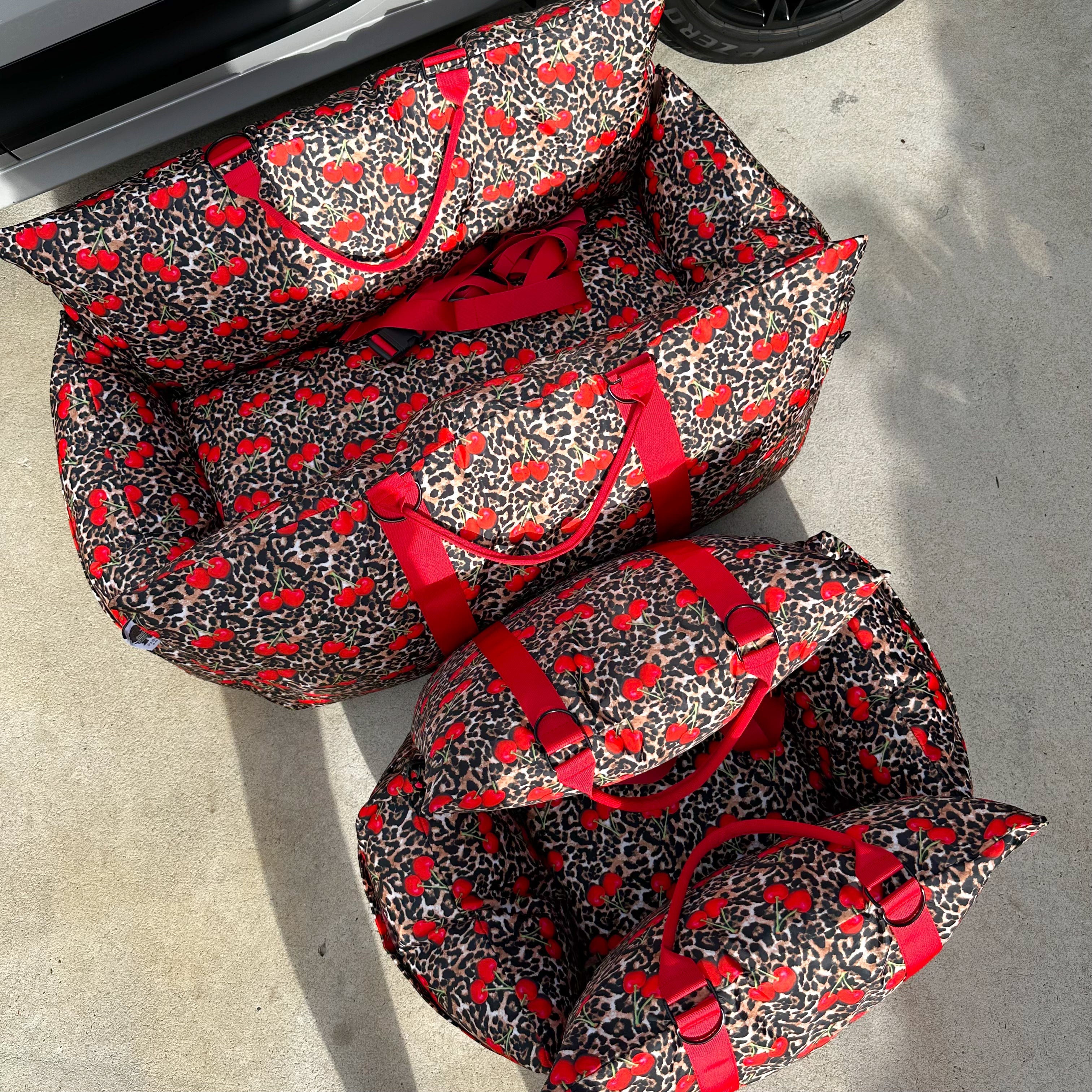 Deluxe Travel Car Bed: Leopard Cherries (restocking November)