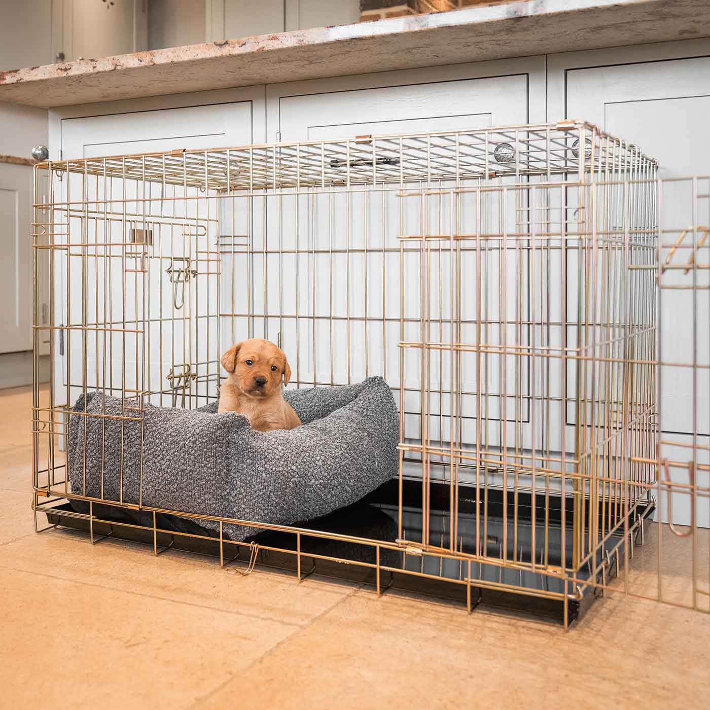 Cozy & Calming Puppy Cage Bed In Granite Boucl¨¦ by Lords & Labradors