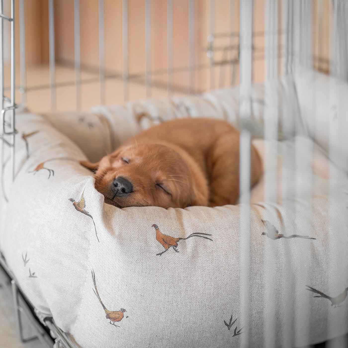 Cozy & Calming Puppy Cage Bed in Woodland Pheasant by Lords & Labradors