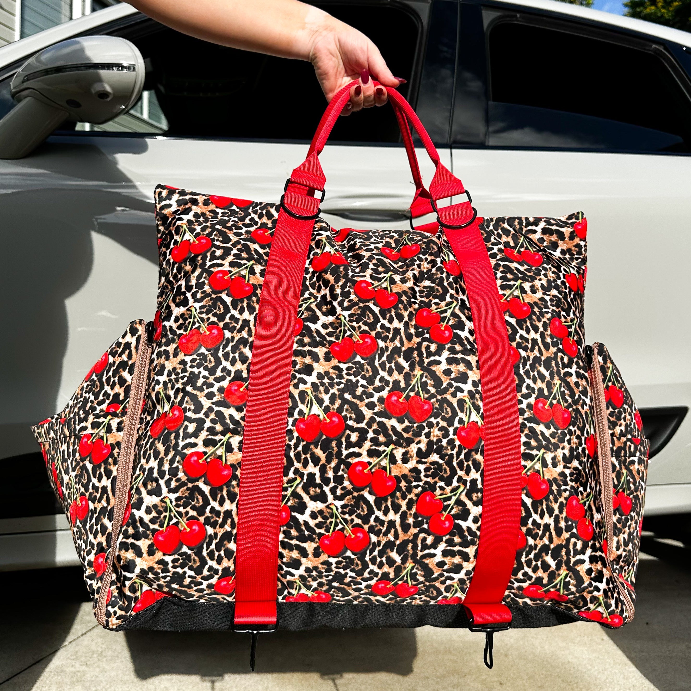 Deluxe Travel Car Bed: Leopard Cherries (restocking November)