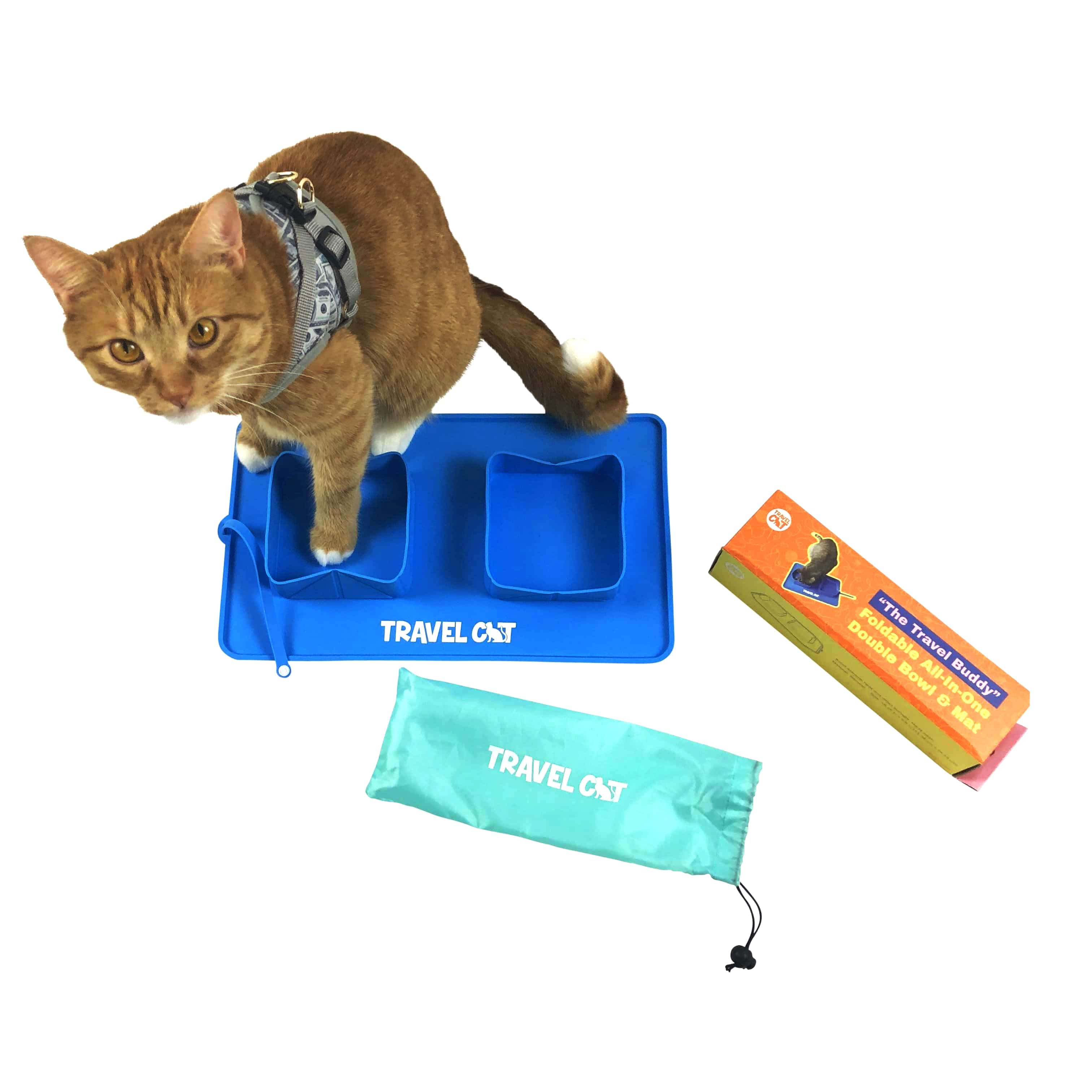 The Travel Buddy Foldable All-In-One Double Bowl & Mat - Portable Cat Food & Water Dish