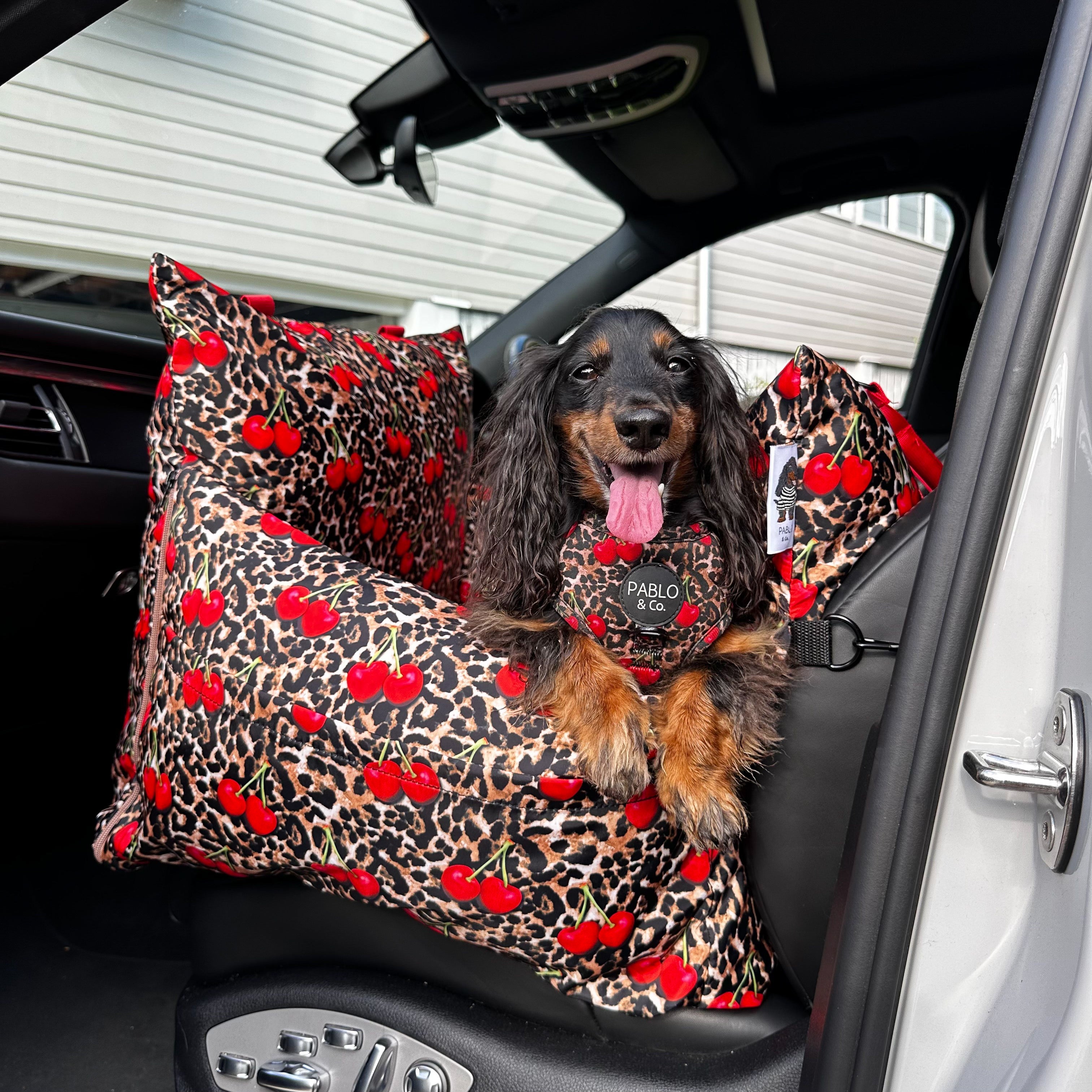 Deluxe Travel Car Bed: Leopard Cherries (restocking November)