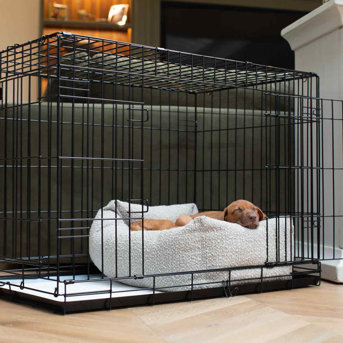 Cozy & Calming Puppy Cage Bed In Mink Boucl¨¦ by Lords & Labradors