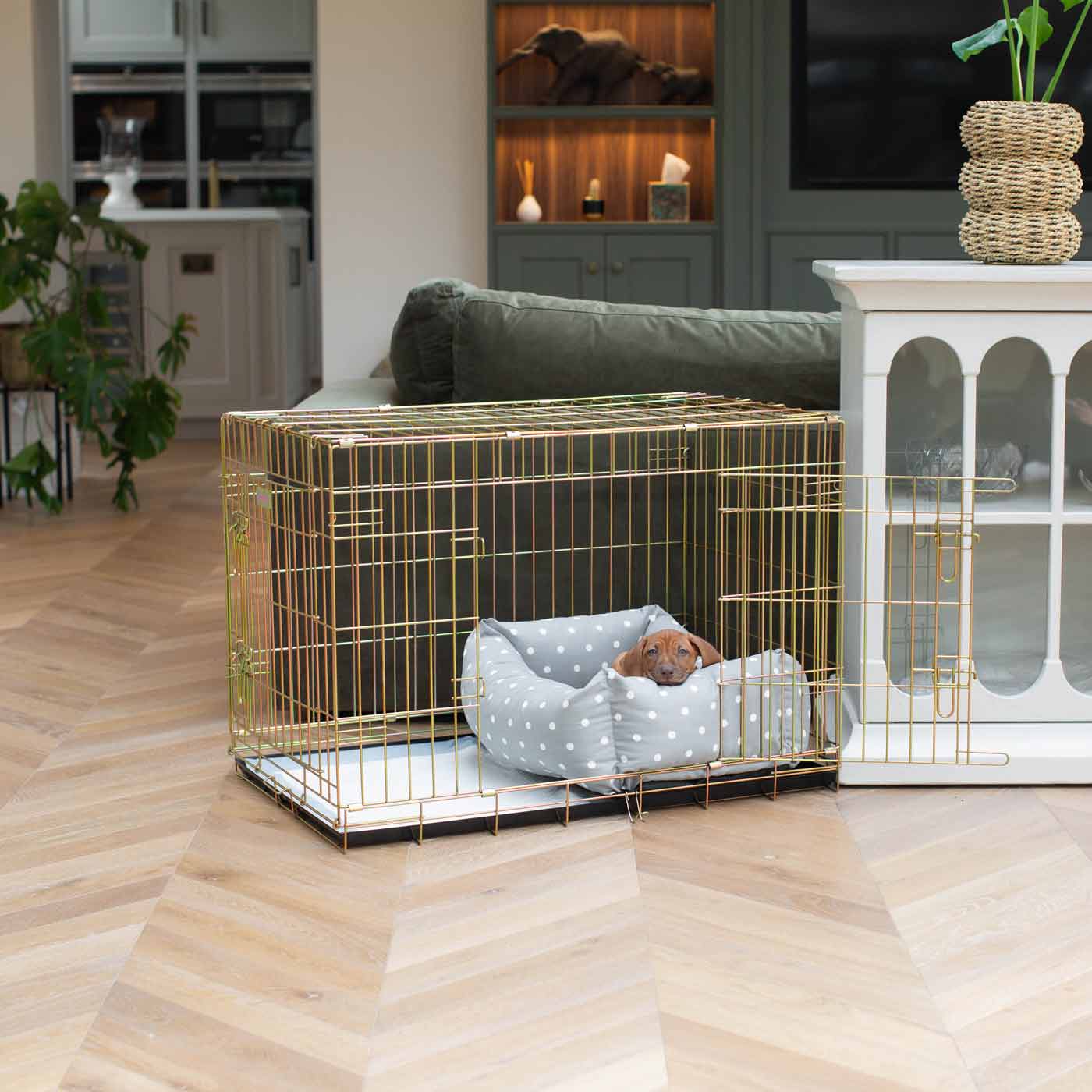 Dog Cage with Cozy & Calming Puppy Cage Bed in Grey Spot by Lords & Labradors